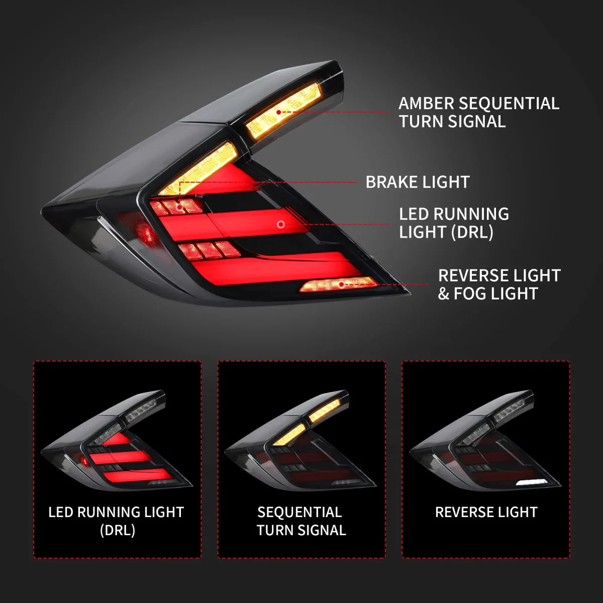 2017 Honda Civic Tail light (16-21) For Sedan Replacement LED Assembly Function Show