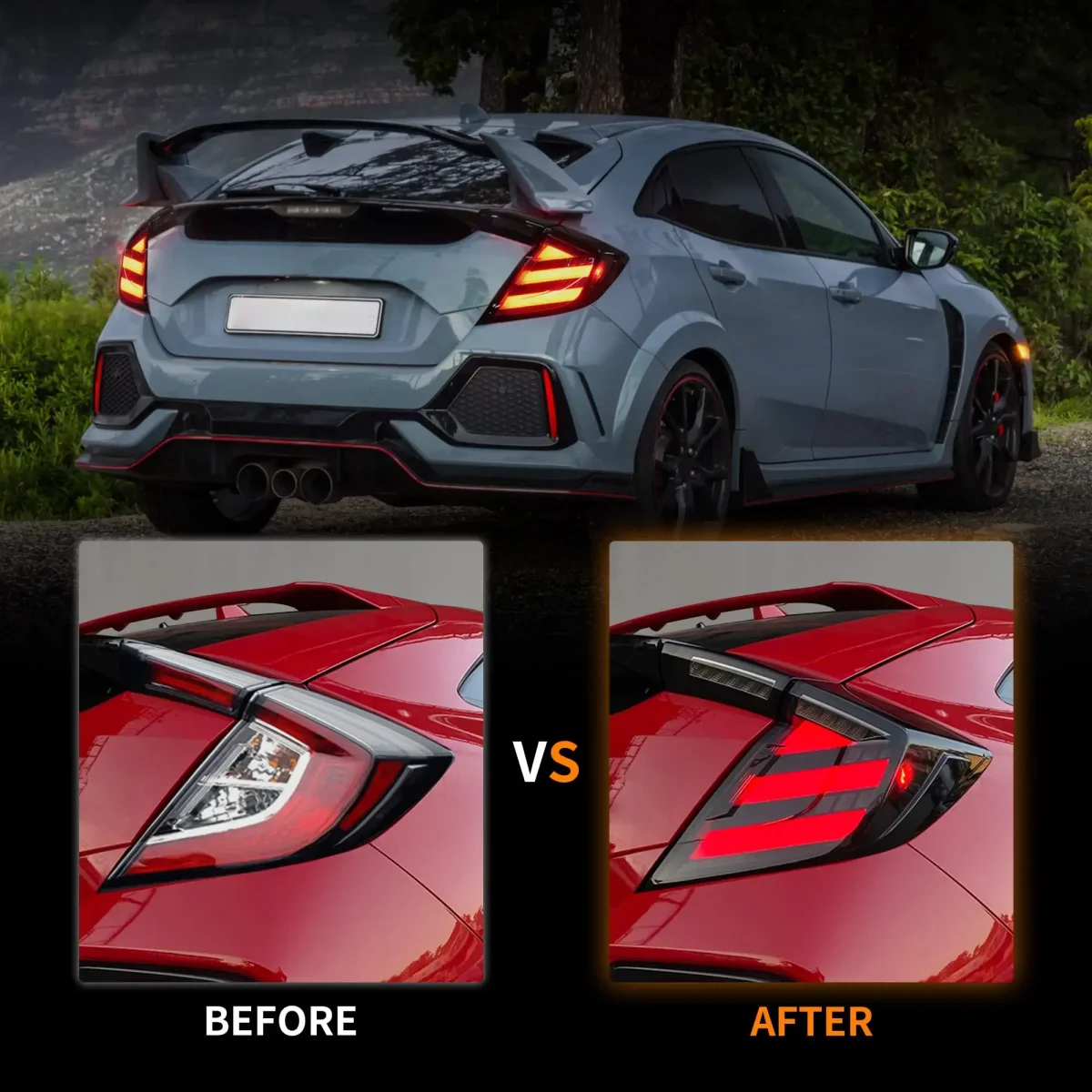 2017 Honda Civic Tail lights (16-21) For Sedan Upgarde To RGB Sequential Before and After