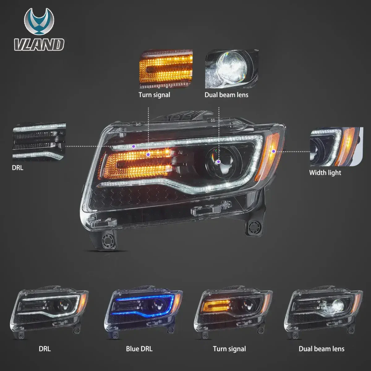 2011 Jeep Grand Cherokee Headlight assembly (11-13) With LED Projector Function Show