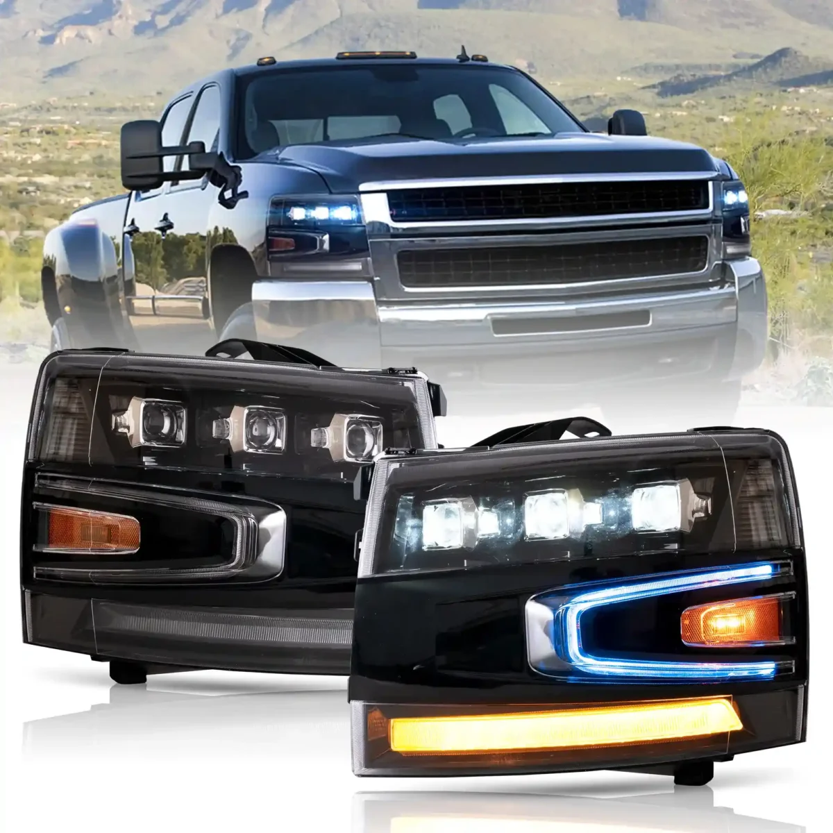 2007-2013 Chevy Silverado Headlights With LED Matrix Projector