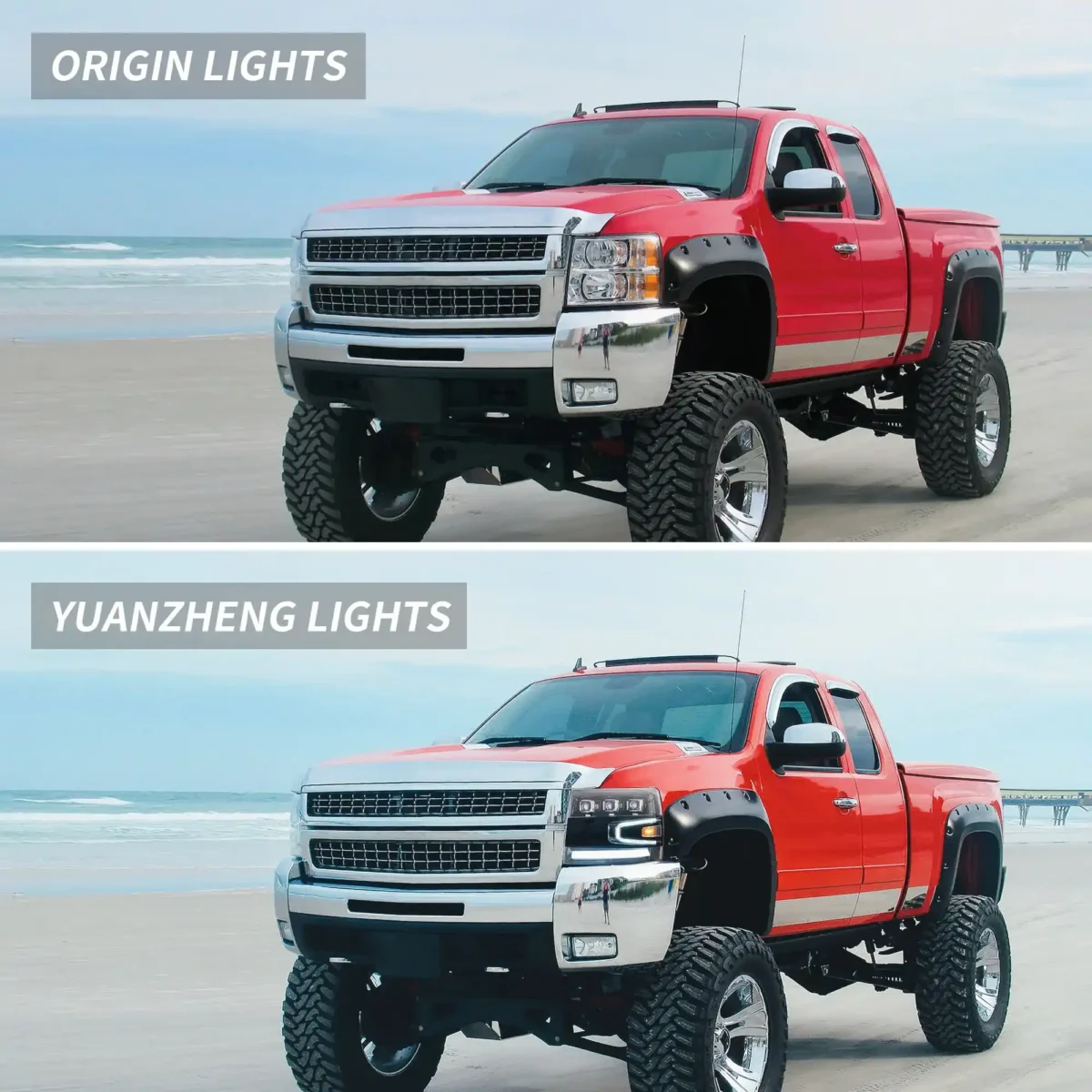 2007-2013 Chevy Silverado Headlights With LED Matrix Projector Before and After