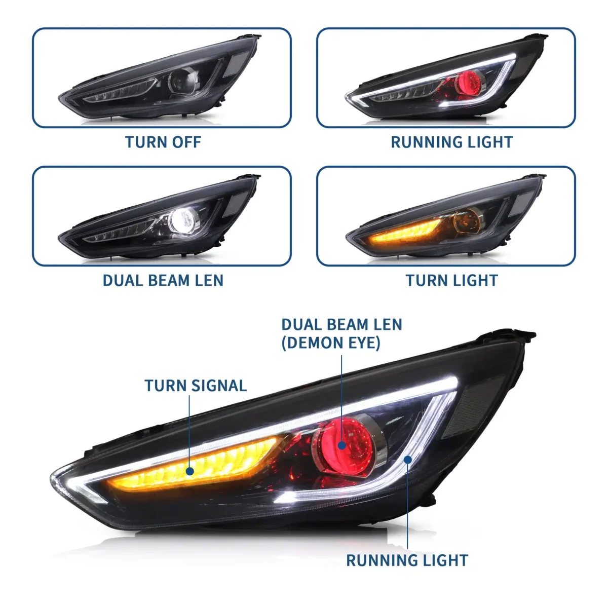 2016 Ford Focus Headlights ST:SE LED Projector (15-18) With Demon Eyes Function Show