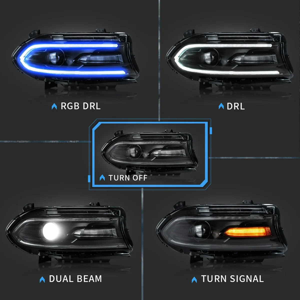 2016 Dodge Charger Headlights (15-Present) With RGB LED Customized Kit Function Show