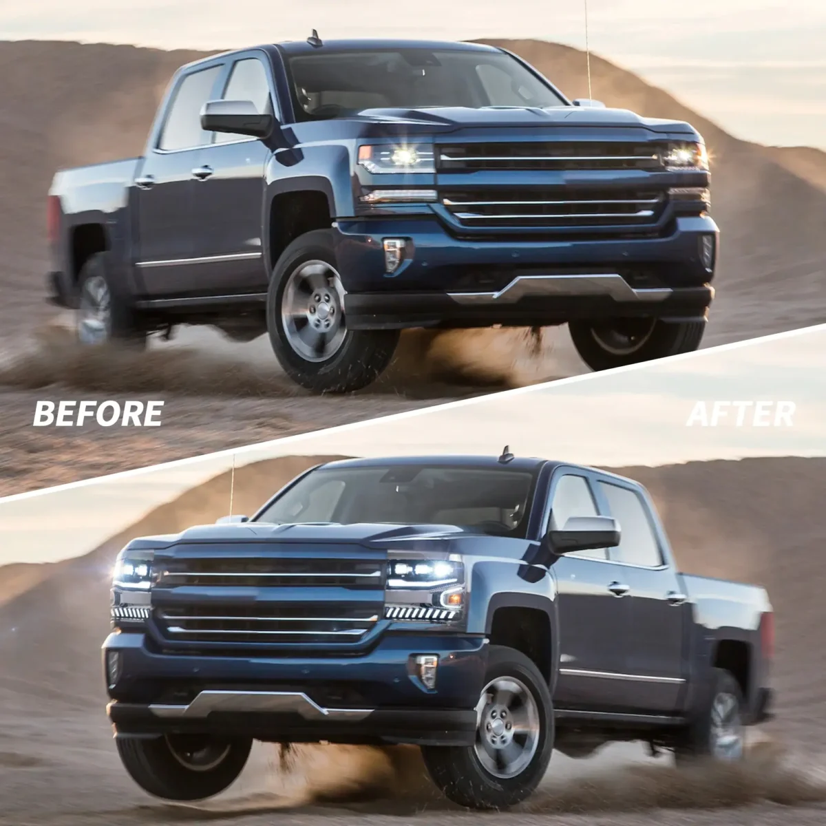 2016-2018 Silverado 1500 Headlights Custom With Dual Projector Chrome Before and After