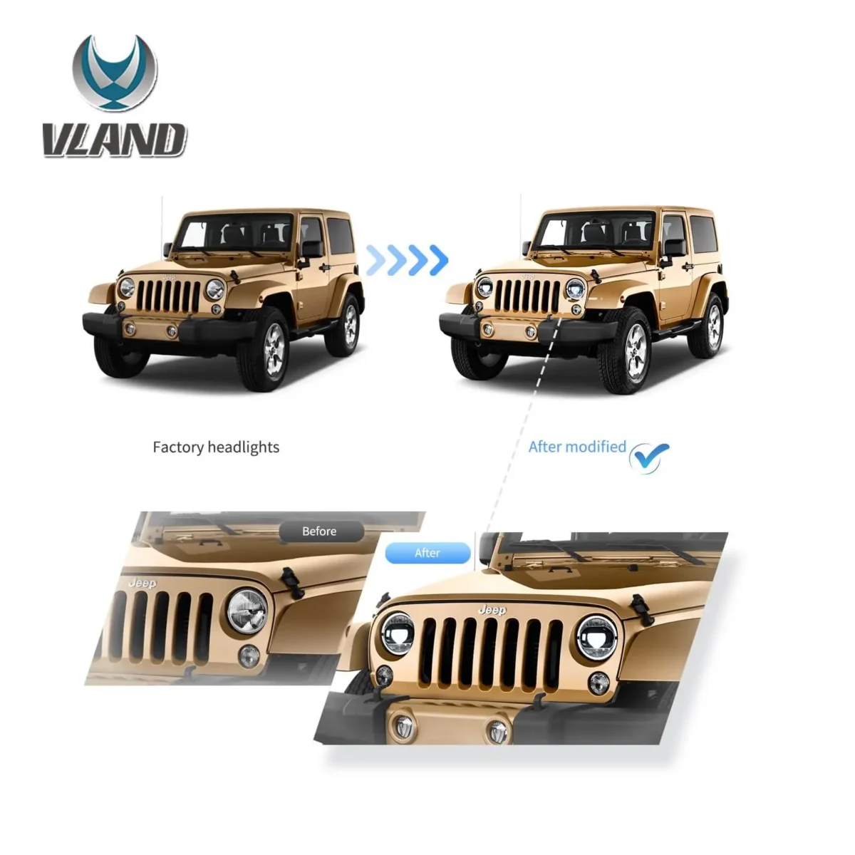Jeep JK LED Headlights Upgrade Kits (07-17) Before and After