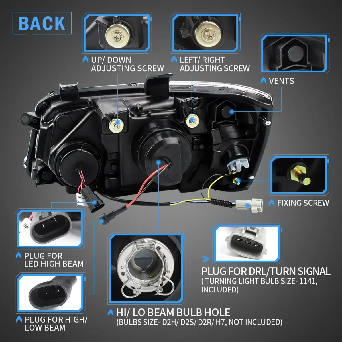 2001-2007 Toyota Highlander Headlights Replacement With LED Projector Wiring Harness