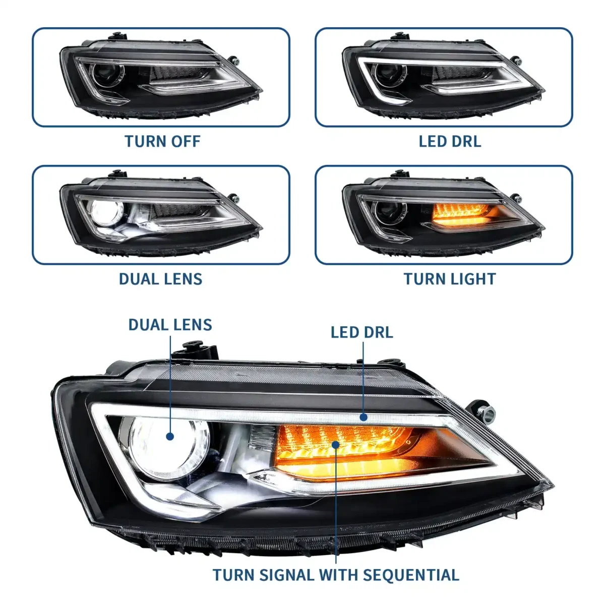 2011 VW Jetta Headlights (11-18) MK6 Replacement LED Performance Kits Function Show