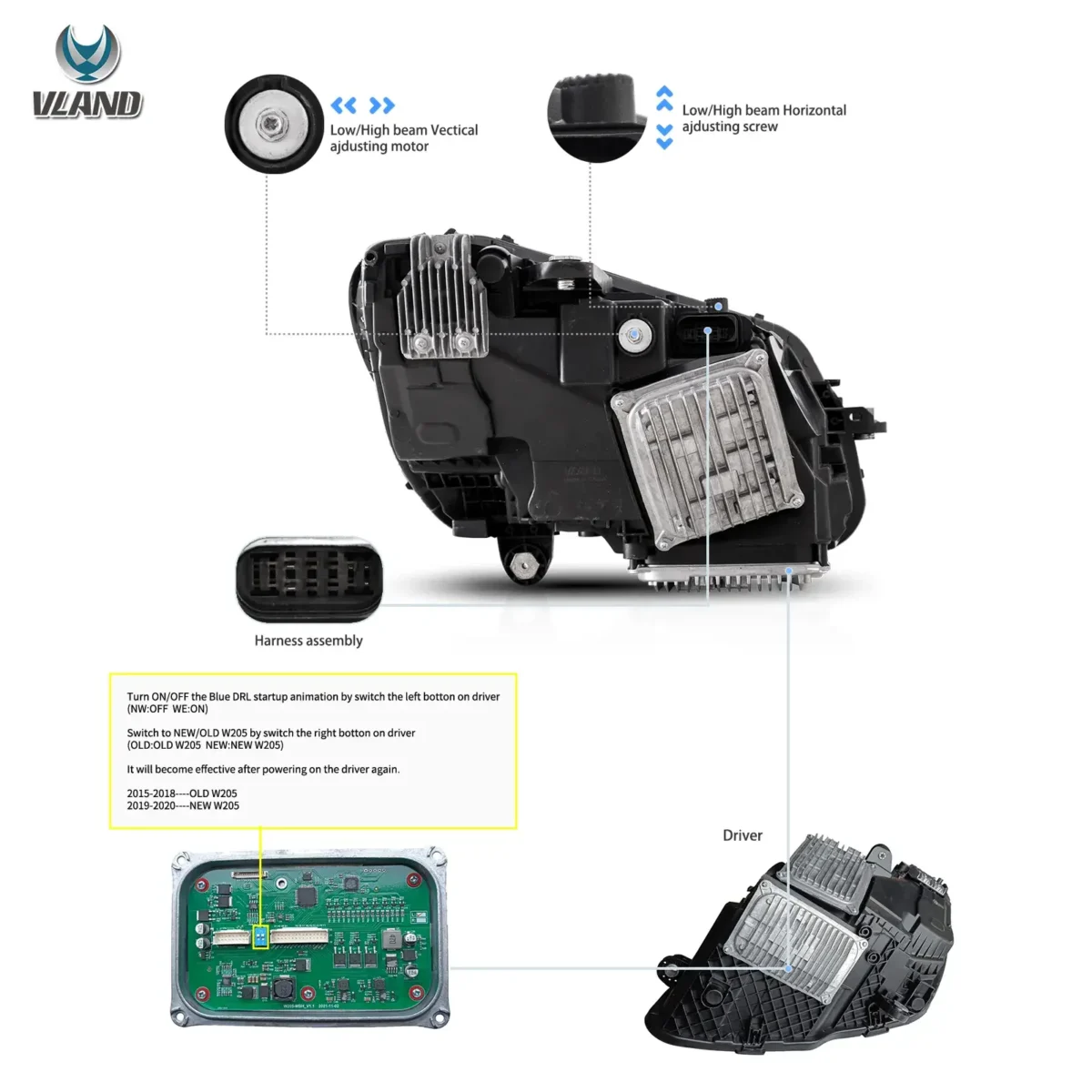 2015 Mercedes C300 Headlights C-Class W205 Replacement (15-21) LED Assembly Wiring Harness