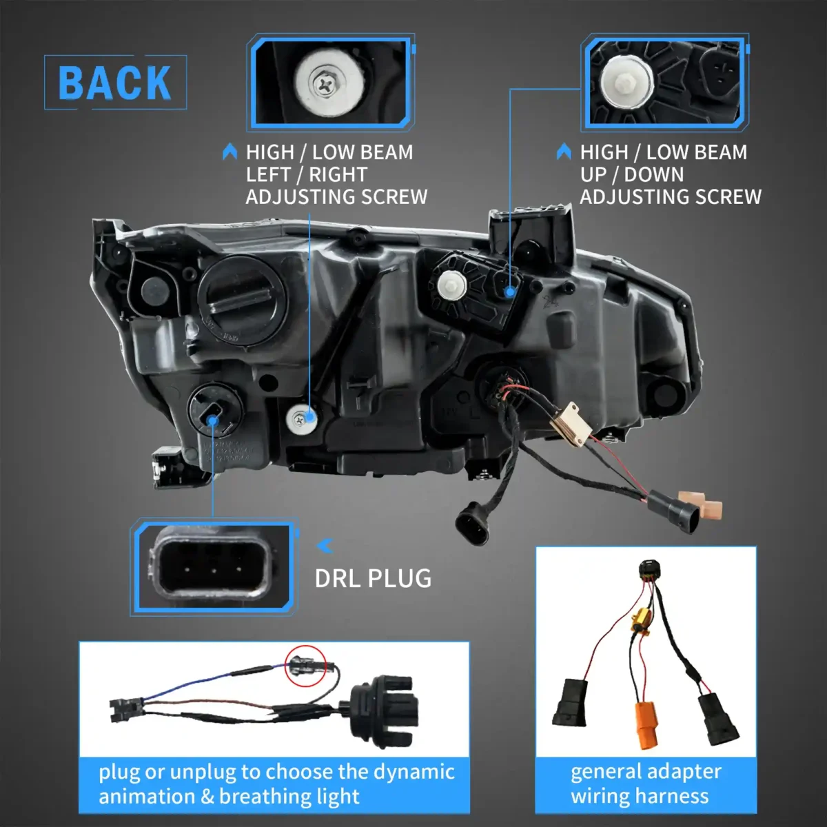 10th Gen Honda Civic LED Headlights With Full Reflection Bowl Wiring Harness