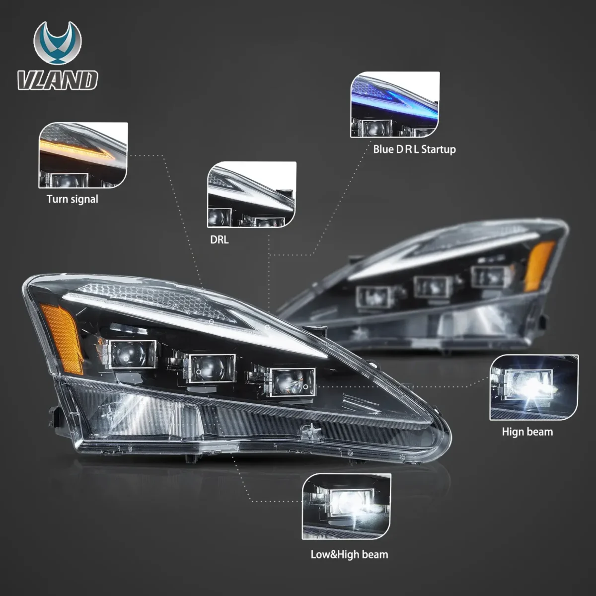 Lexus IS250 Vland Headlights (06-13) Upgrade Kits Function Show