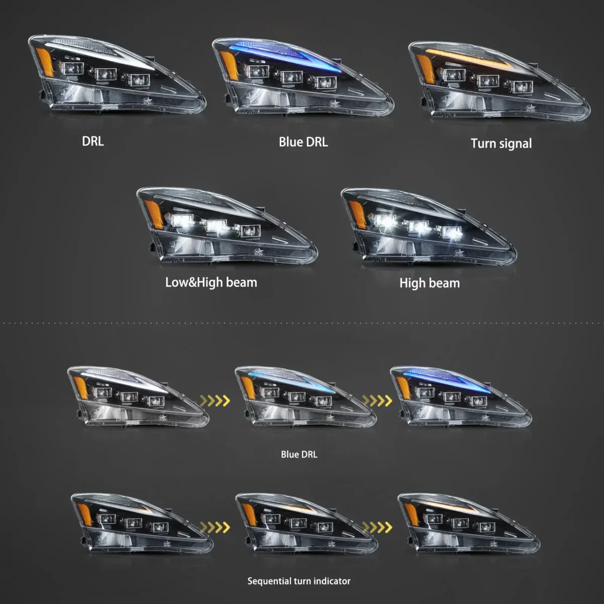 Lexus IS250 Vland Headlights (06-13) Upgrade Kits Function Show2
